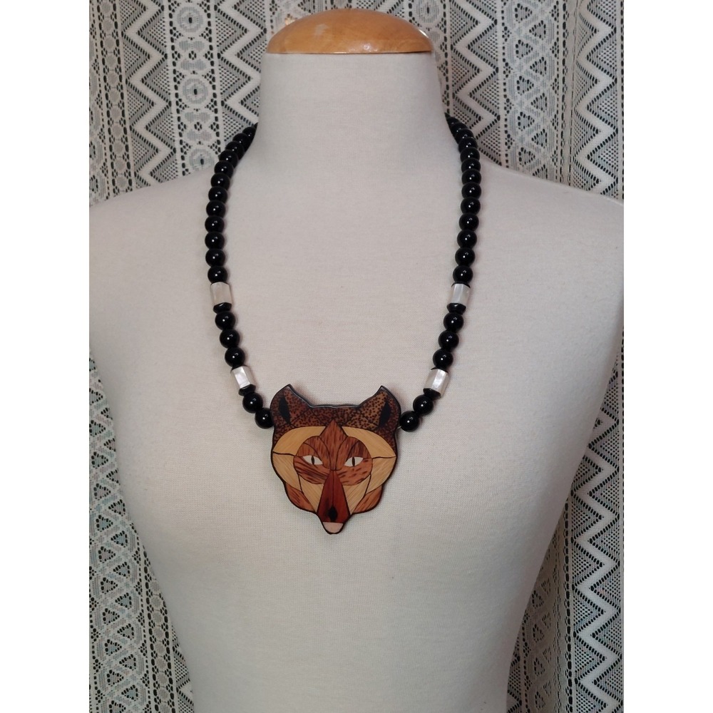 1980s Wolf Necklace Wood Inlay Statement Black Bead Folk Art Boho Vintage Chunky